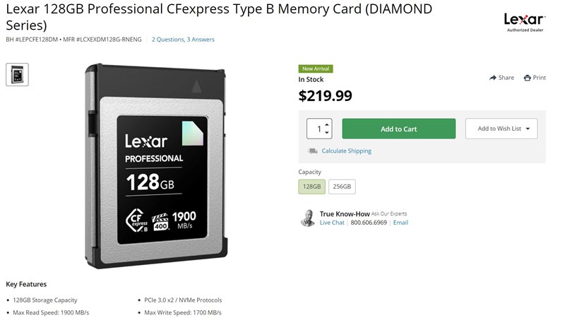 Lexar 128GB Professional CFexpress Type B Memory Card (DIAMOND Series)
