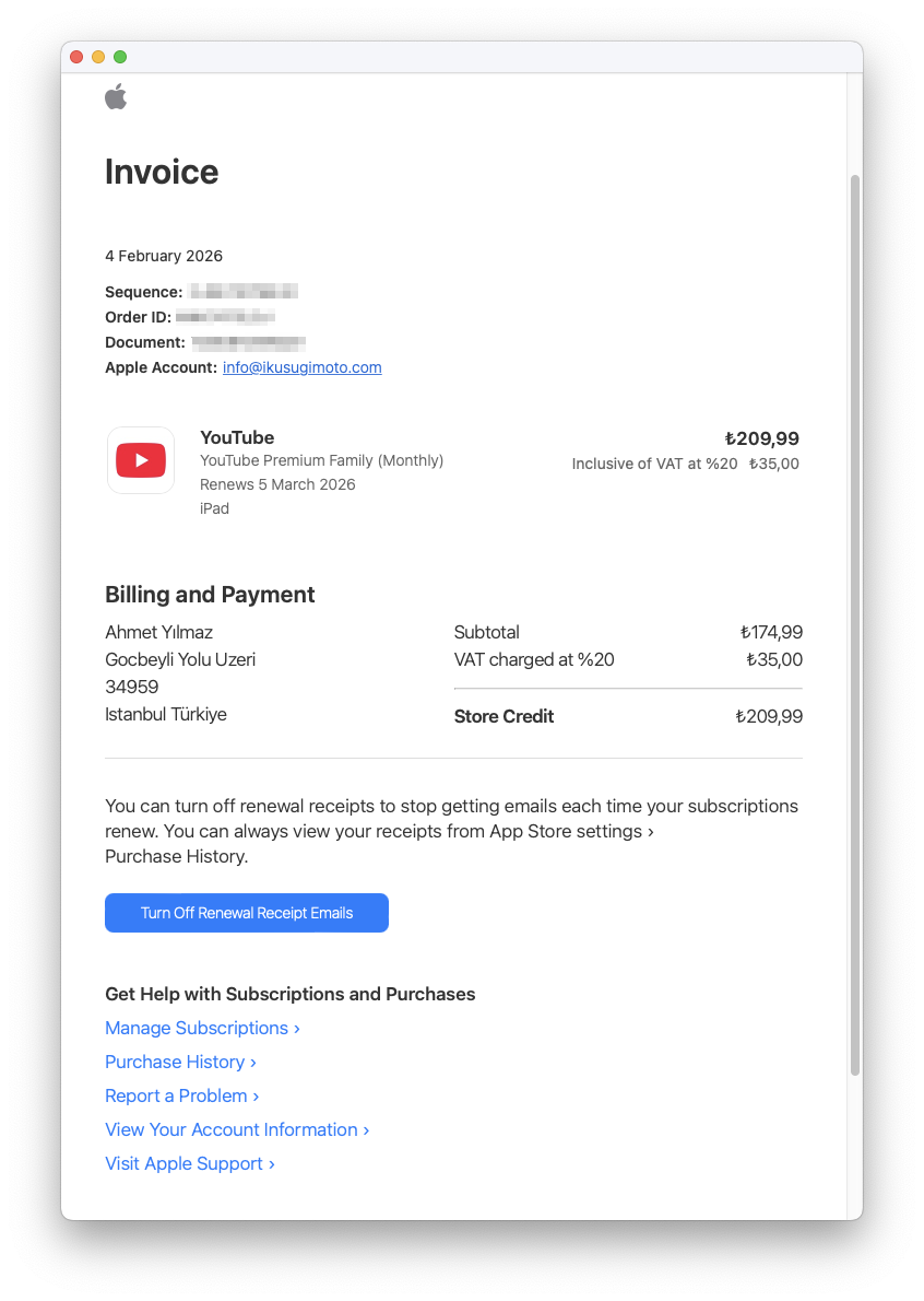 2026年2月YouTubeプレミアム請求書