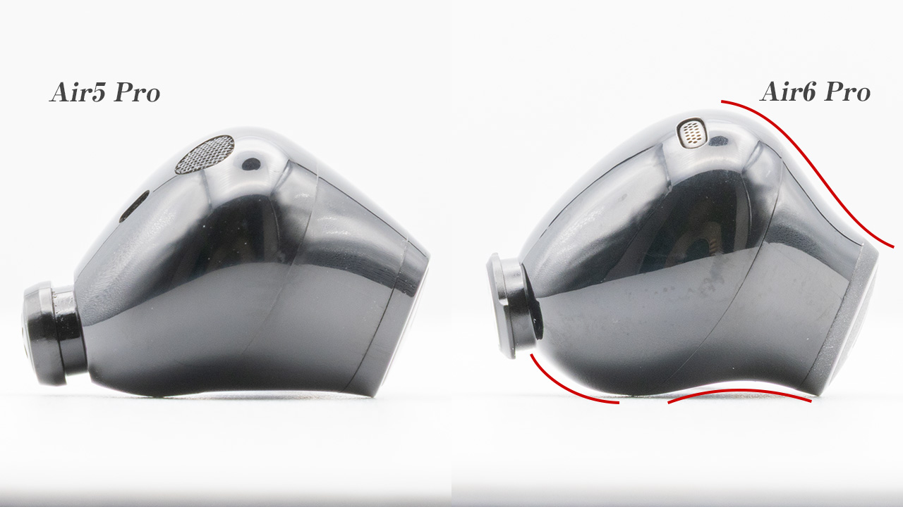 Air5 ProとAir6 Proのイヤホンの形状比較
